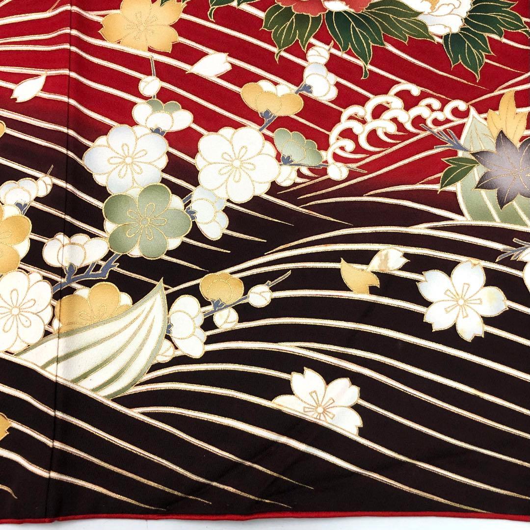 振袖 美しい花柄模様 波模様 金彩 赤色 トールサイズ 縮緬 KK-1869