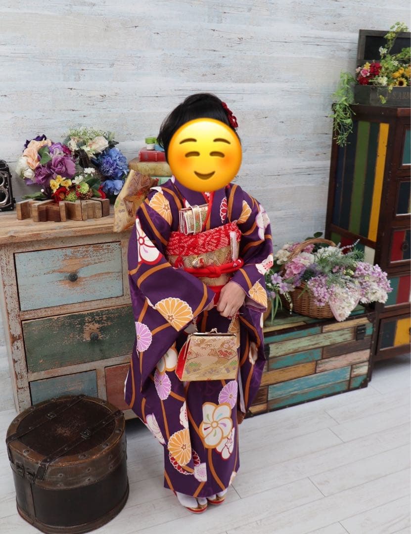 七五三　七歳　着物フルセット　紫　帯　小物一式　草履