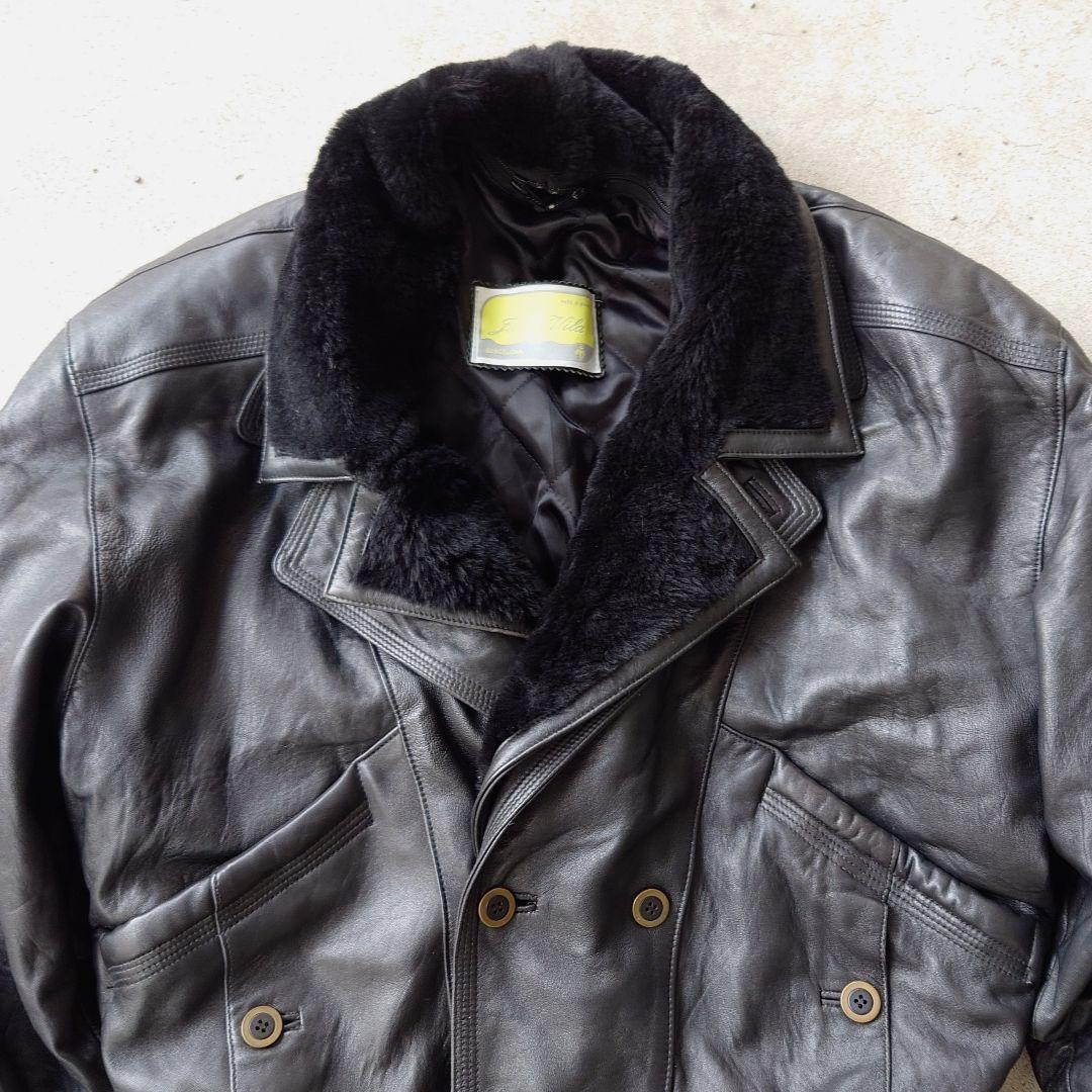 ヴィンテージ スペイン製襟ボアレザーブルゾンジャケット 短丈 本革 古着