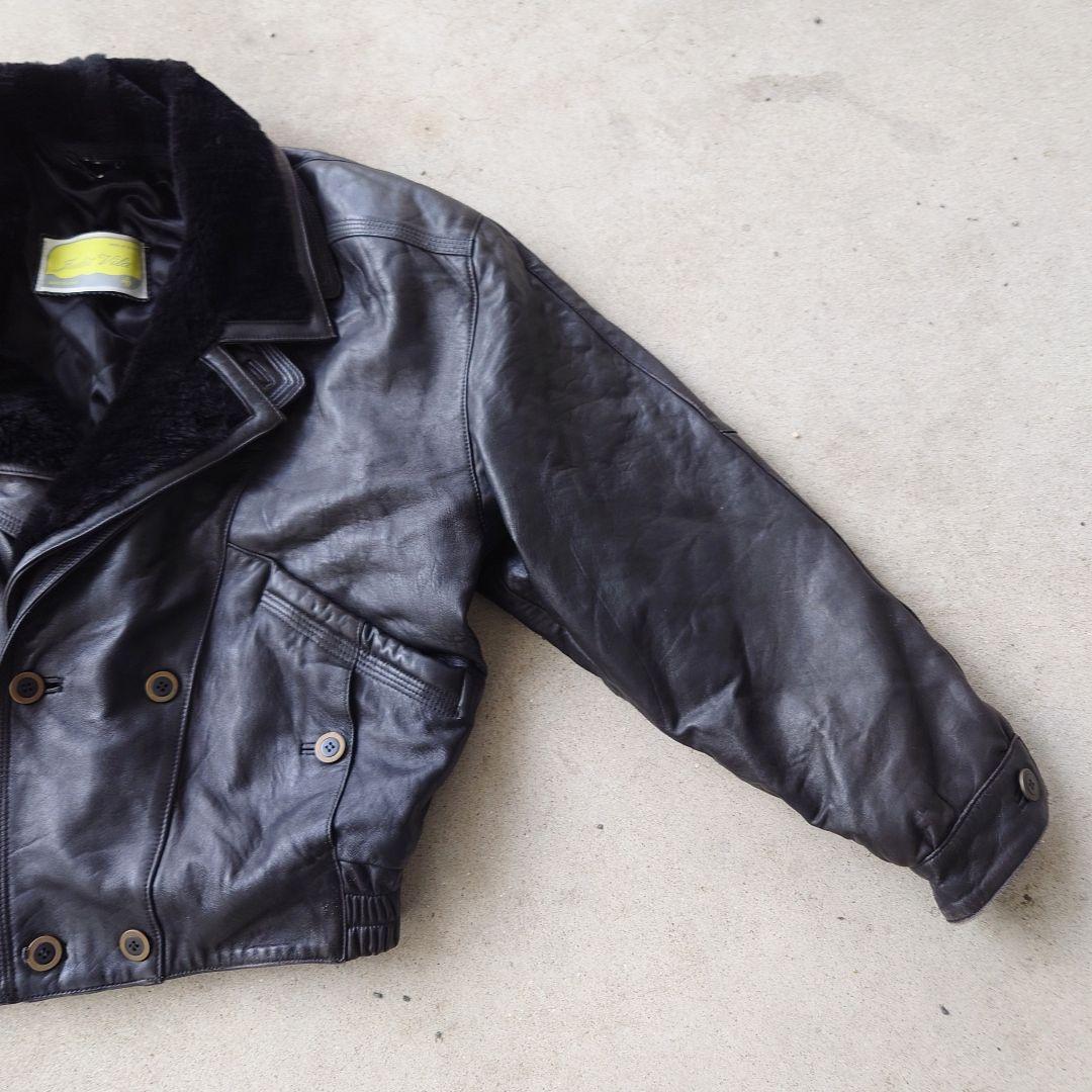 ヴィンテージ スペイン製襟ボアレザーブルゾンジャケット 短丈 本革 古着
