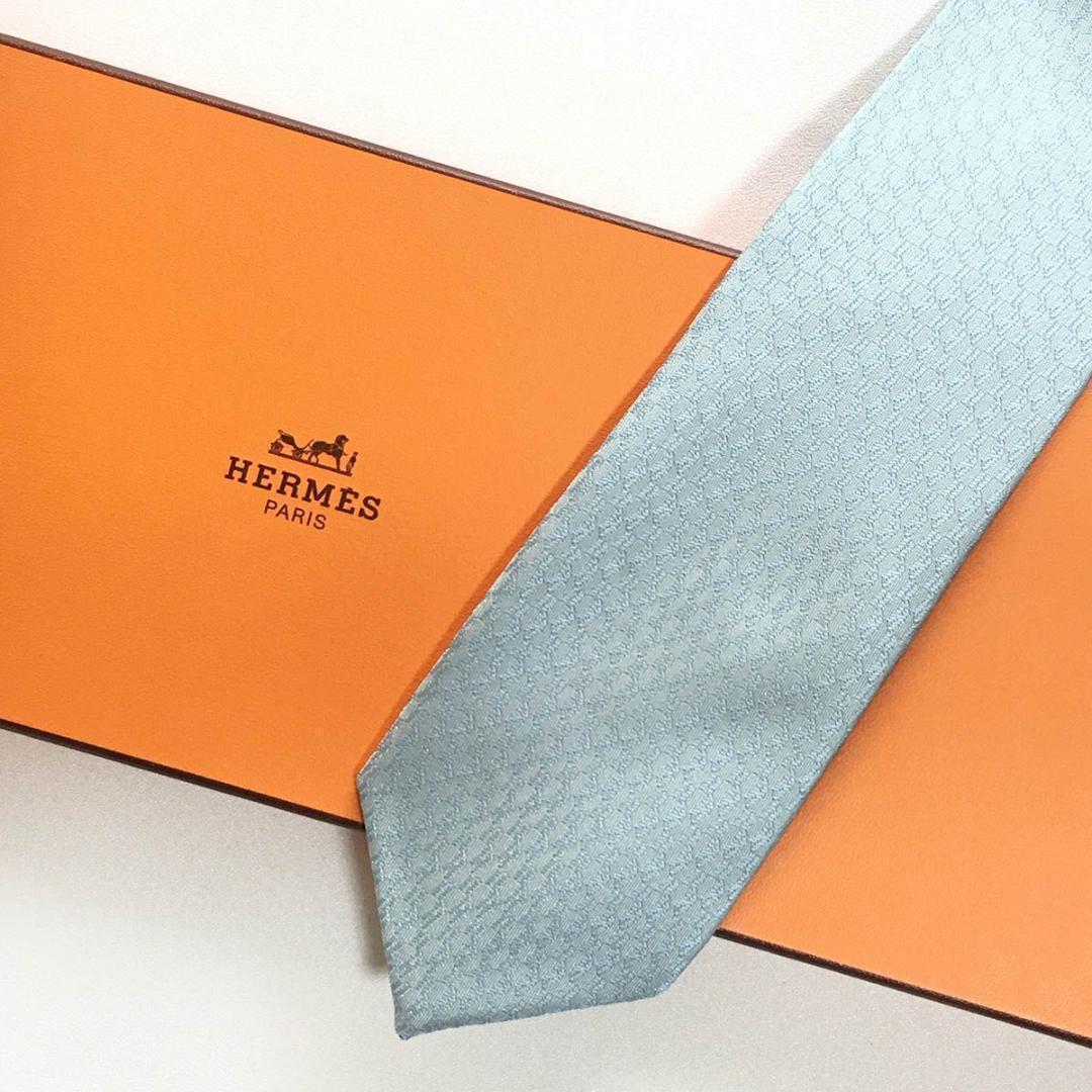 未使用級 エルメス HERMES ネクタイ シルク フランス製 ライトブルー