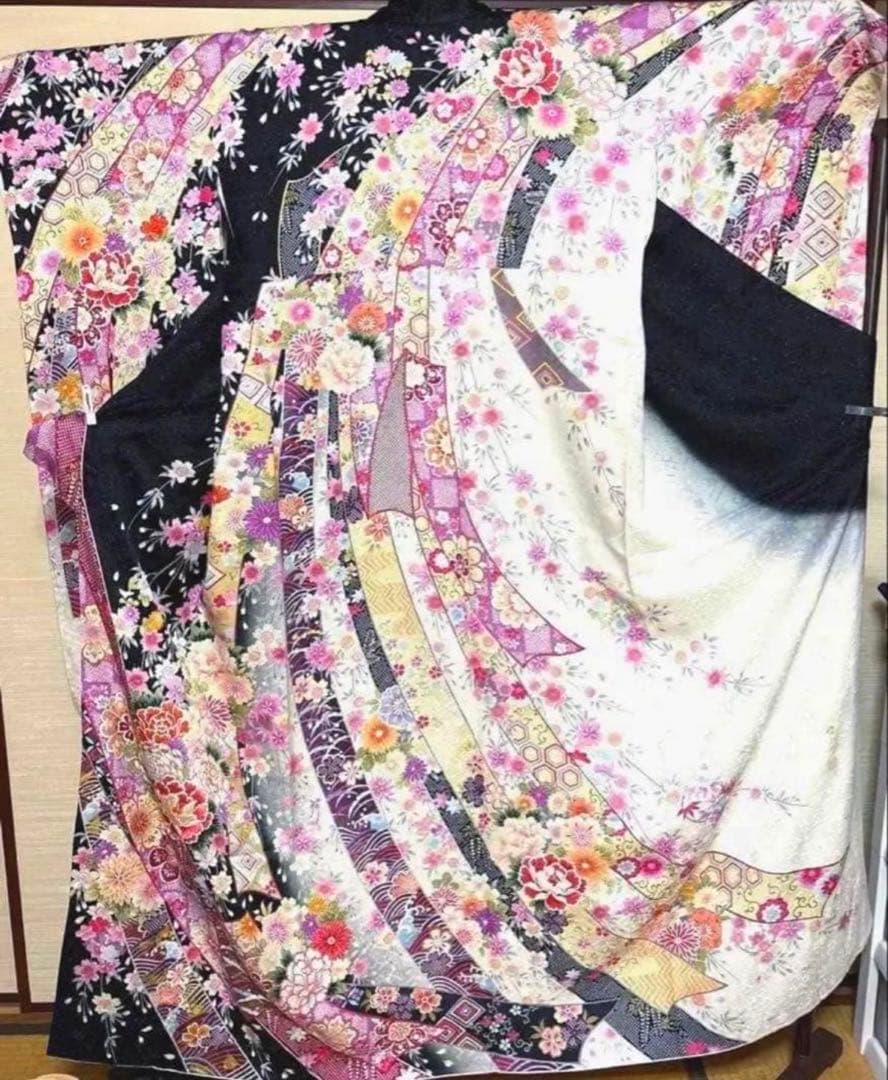 吉祥 華 束ね熨斗 モノトーン 振袖 身丈 160