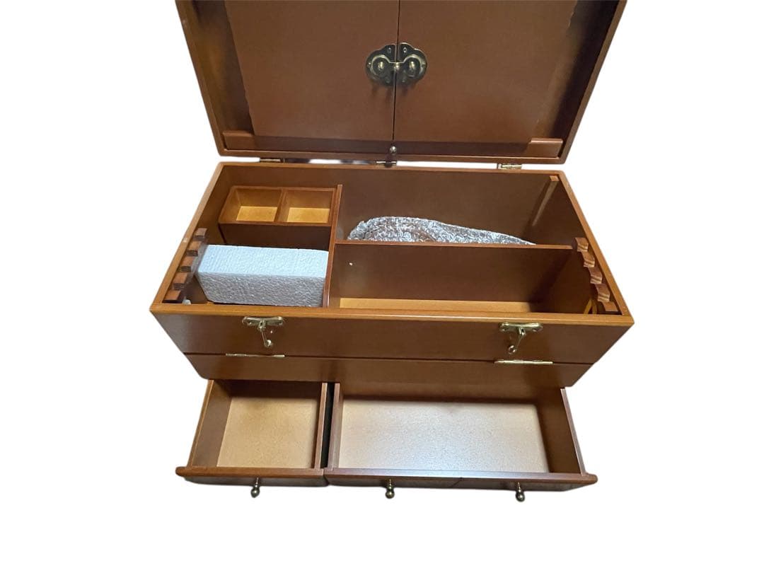 木製大型コスメティックボックス４段階可動式三面鏡付　手鏡付