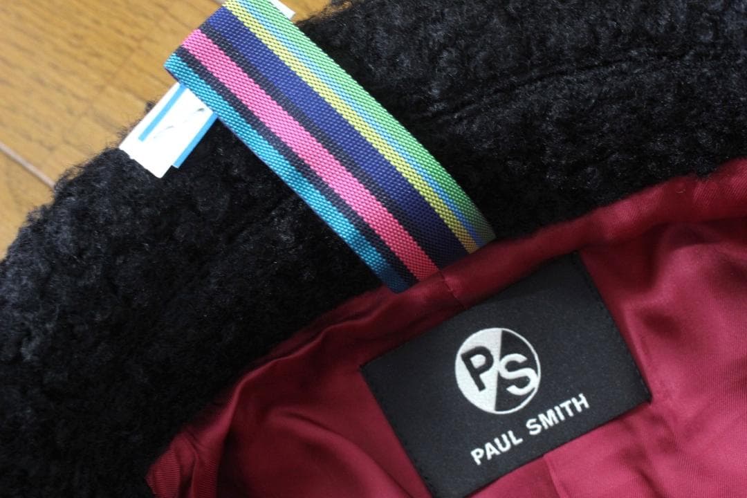 25【極美品】ポールスミス コート 38 M 黒 もこもこ素材 ワインレッド裏地