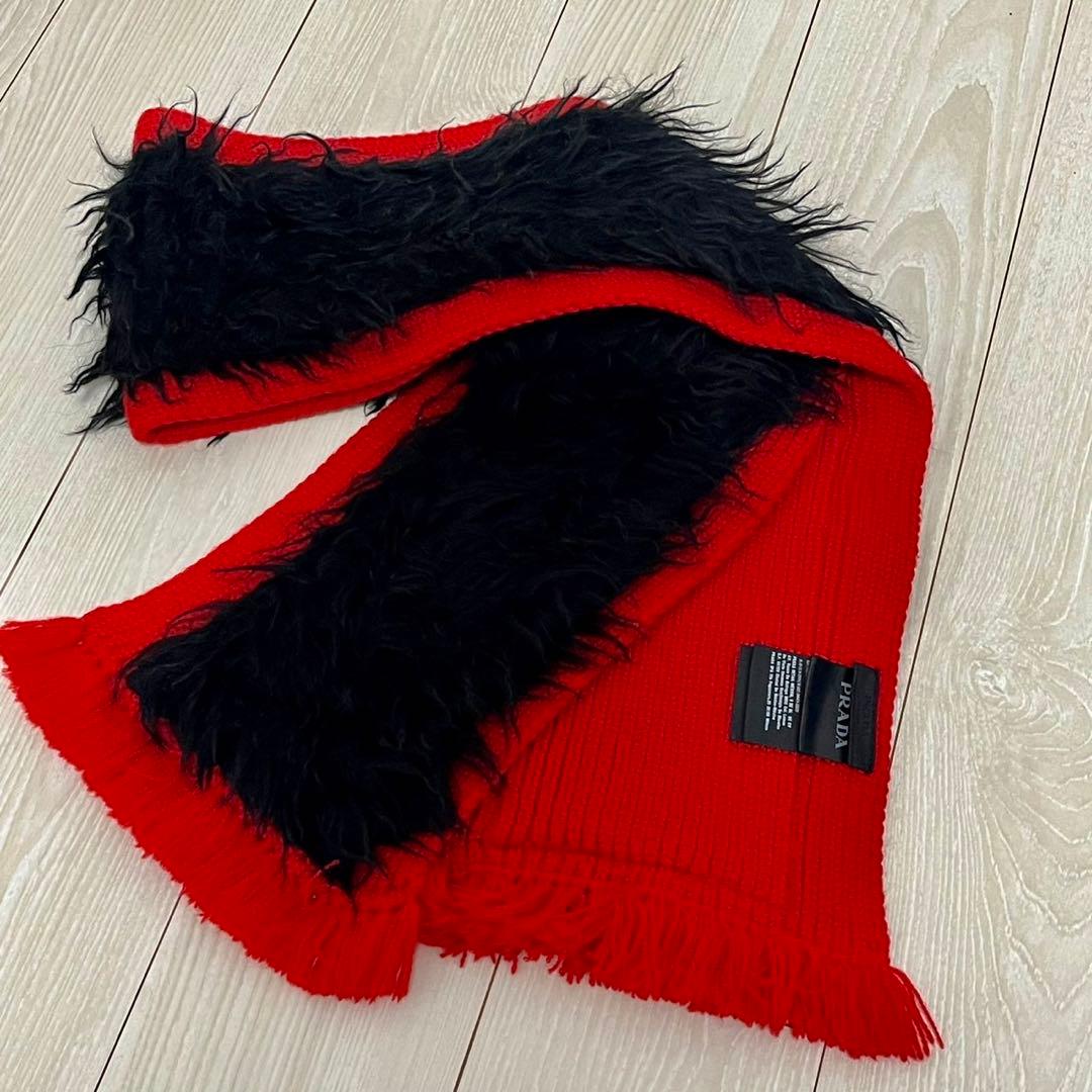 PRADA/プラダ/マフラー/ストール 赤×黒 ニット×ファー/ウール/モヘア混