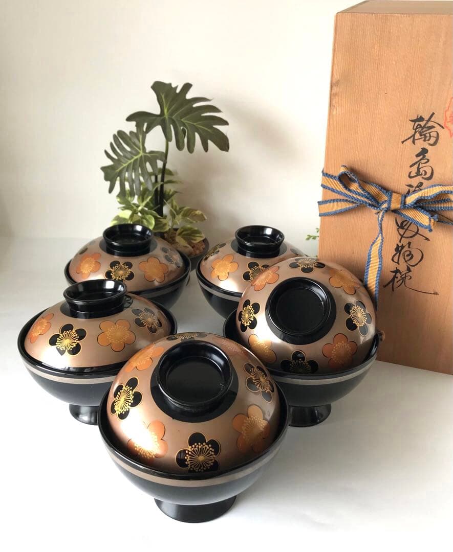 特製　能登輪島塗 蒔絵 木製　蓋付椀 煮物椀　吸物椀　5客セット　共箱