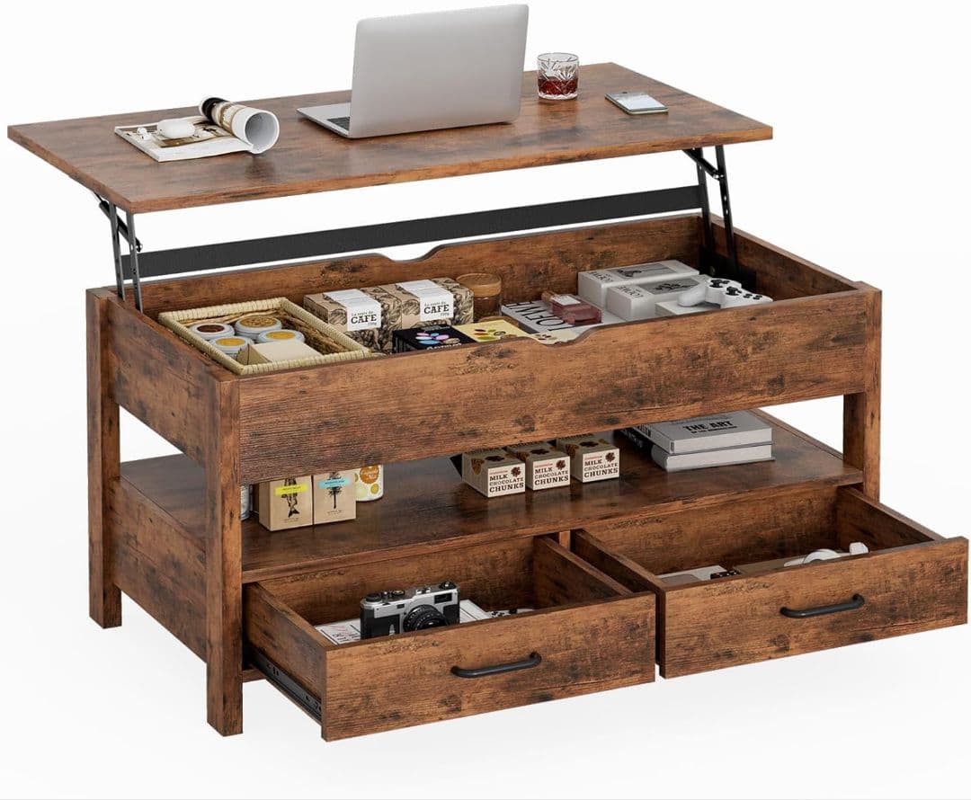 ローテーブル 昇降式 引き出し収納付き 高さ調整リフティングローテーブル簡単開閉