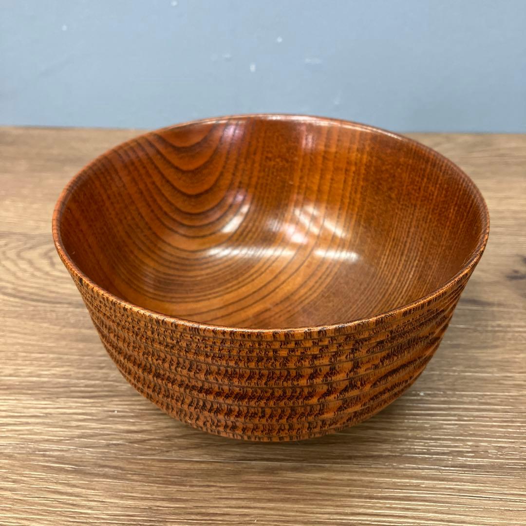 E-1 極美品 天然木 千筋挽き 汁椀 2客セット 箱付き 木製 食器