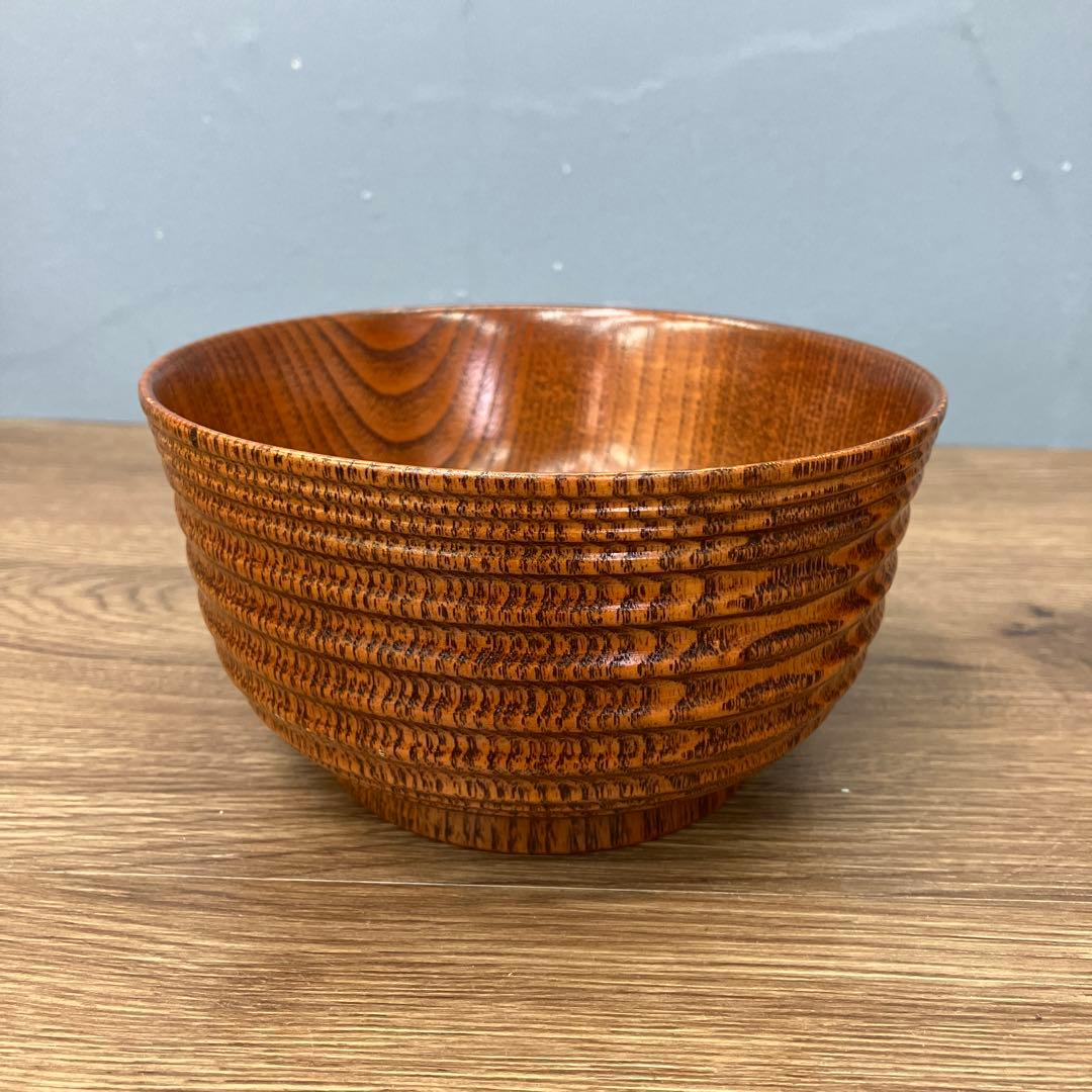 E-1 極美品 天然木 千筋挽き 汁椀 2客セット 箱付き 木製 食器