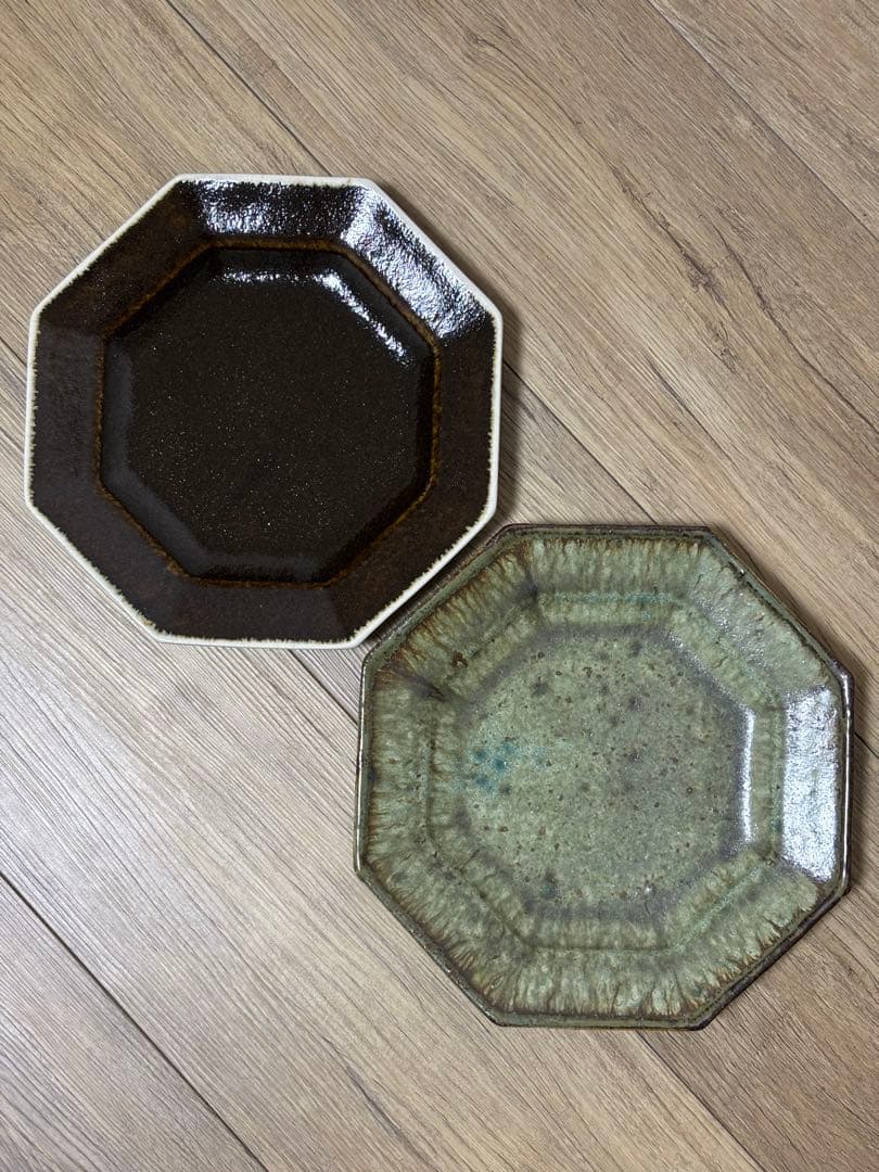 大沼道行 八角皿 Lサイズ 緑釉 黒釉 作家物 織部 ワンプレート