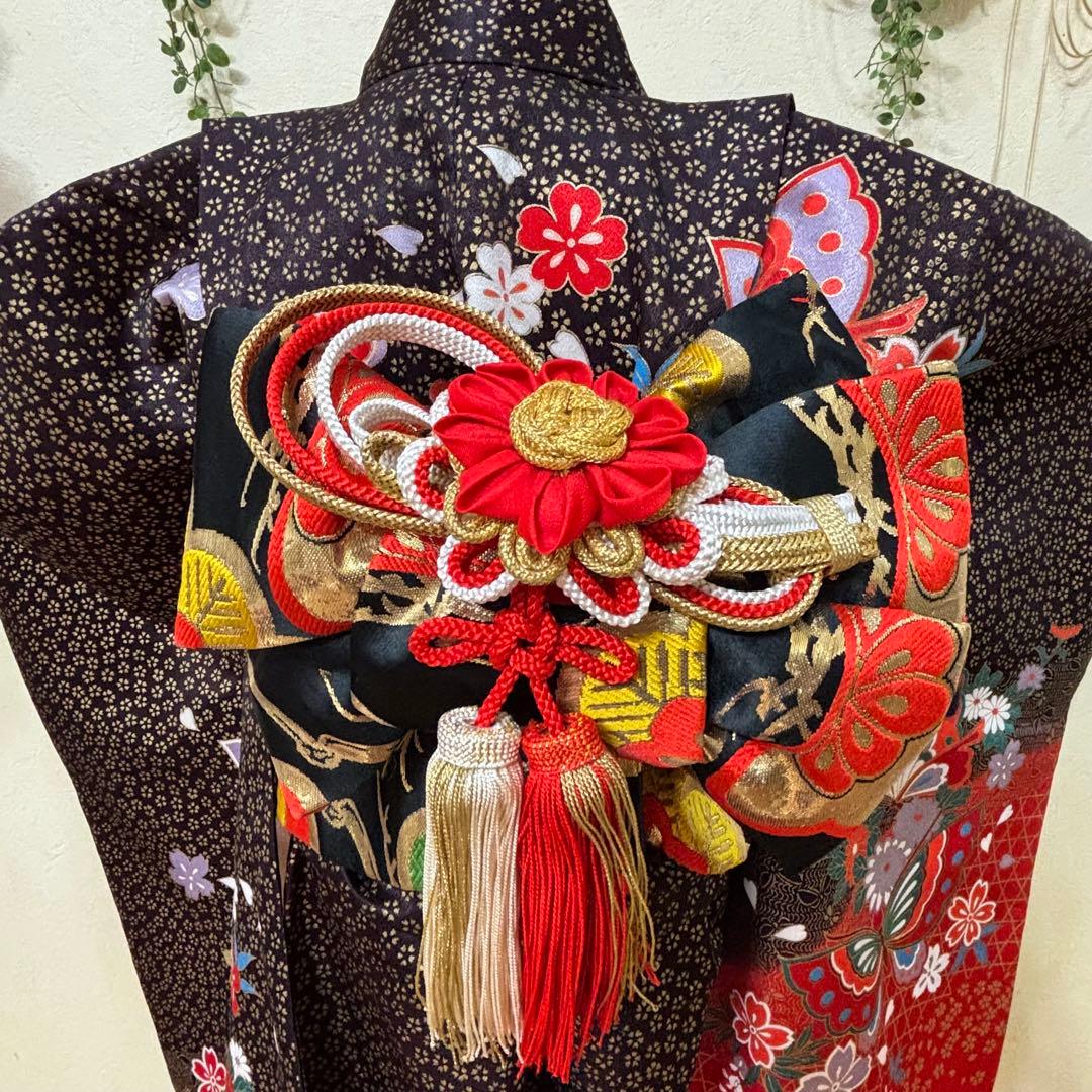 七五三七歳‼豪華絢爛人気黒地蝶々花ラメ金彩金箔煌びやか際立つ❤️完全フルセット