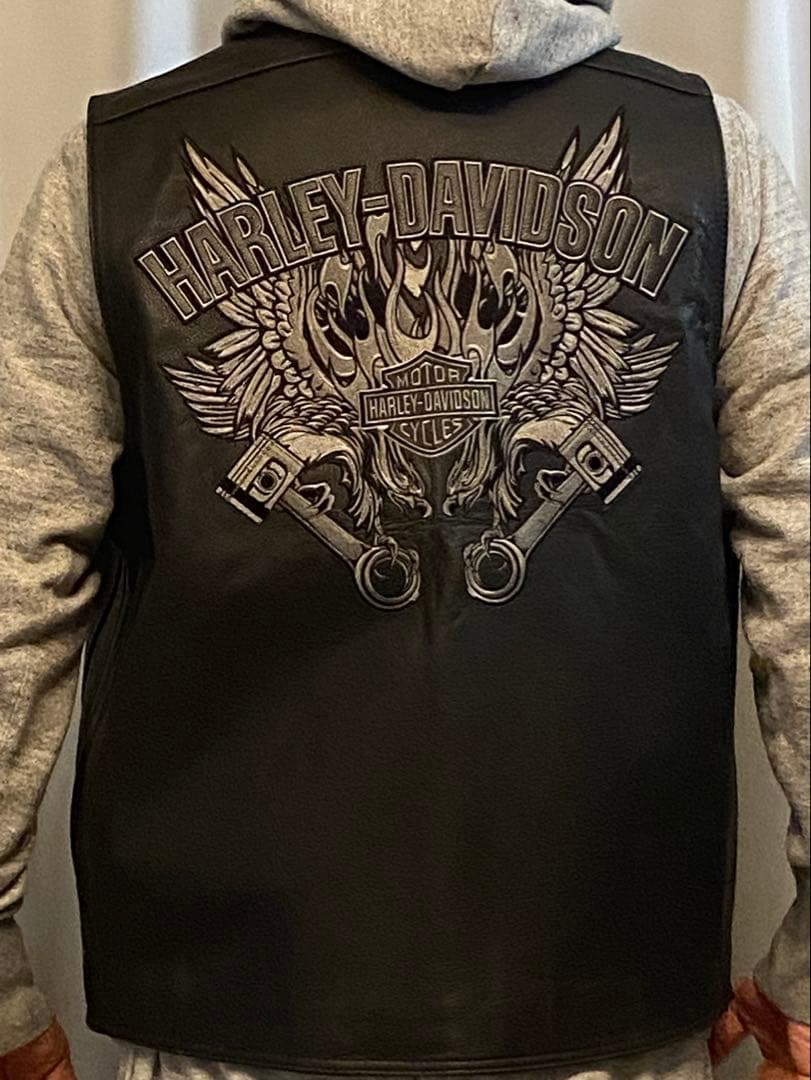 Harley-Davidson Leather Vest 背中刺繍 2XL 黒