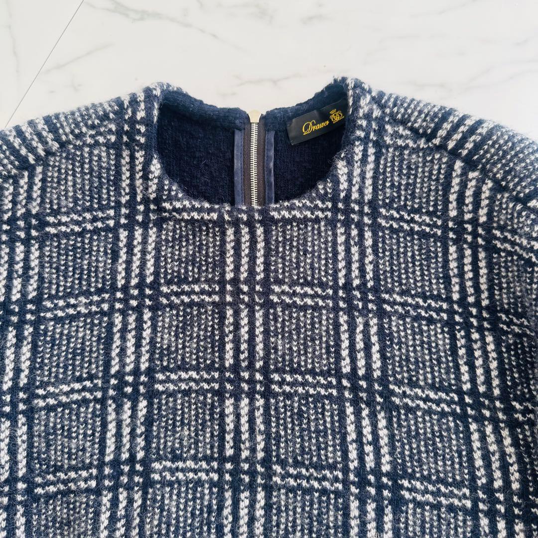 drawer 12G グレンチェック ニット レザートリム チェック ネイビー