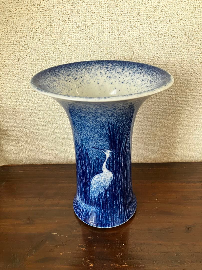 深川製磁　鶴　鷺　花瓶　青白グラデーション フラワーベース
