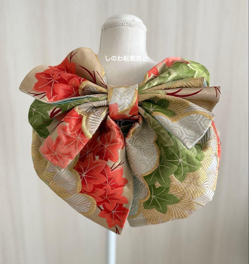 着付師が作った作り帯　7歳七五三　七宝に松紅葉模様　モスグリーン×コーラル×金銀