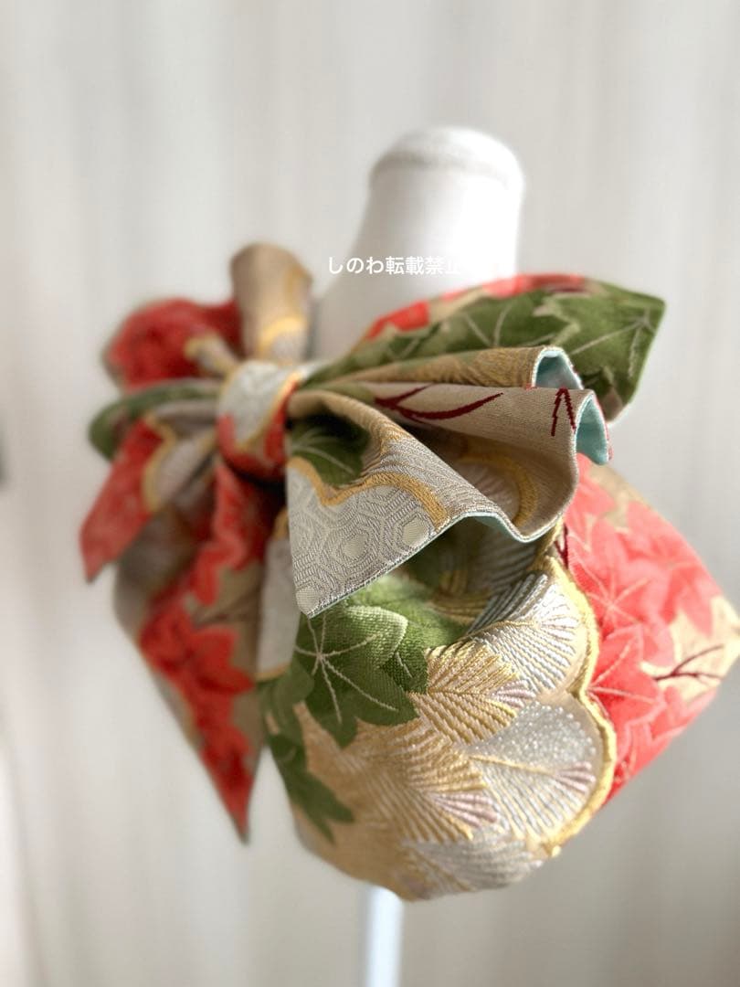 着付師が作った作り帯　7歳七五三　七宝に松紅葉模様　モスグリーン×コーラル×金銀