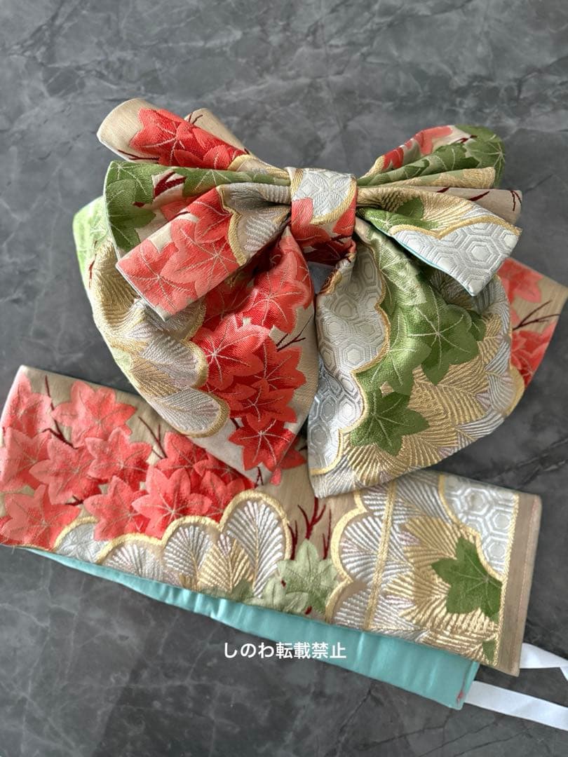 着付師が作った作り帯　7歳七五三　七宝に松紅葉模様　モスグリーン×コーラル×金銀