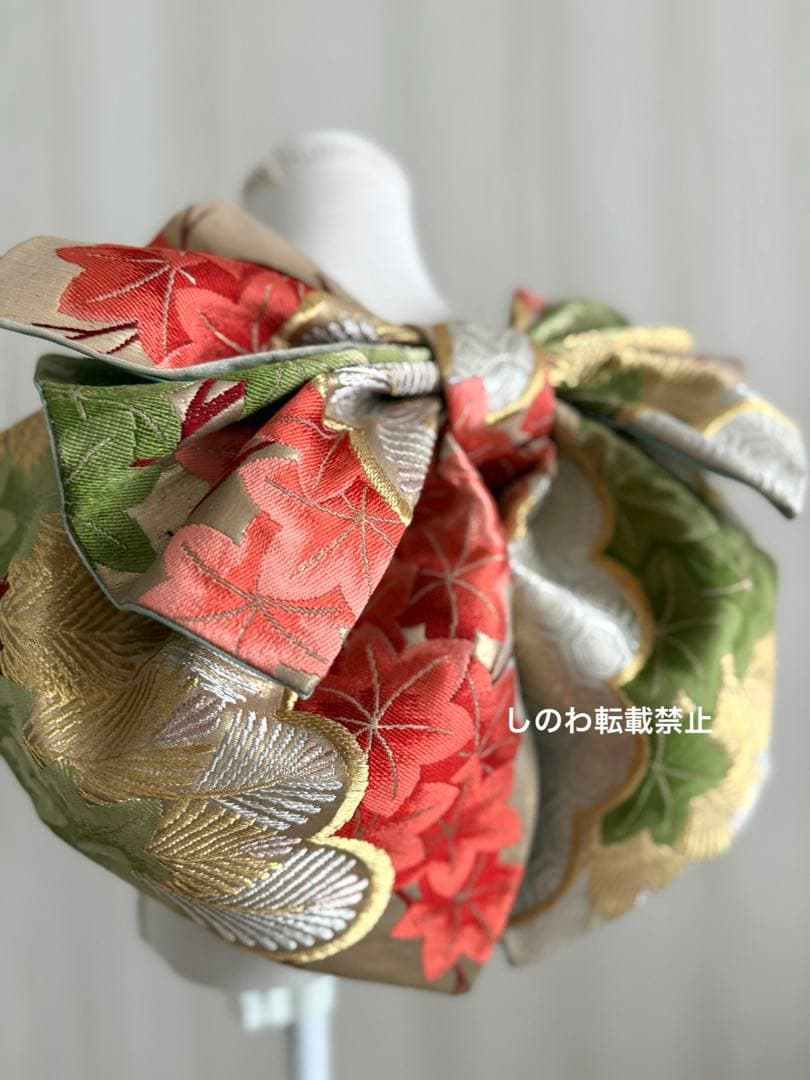 着付師が作った作り帯　7歳七五三　七宝に松紅葉模様　モスグリーン×コーラル×金銀