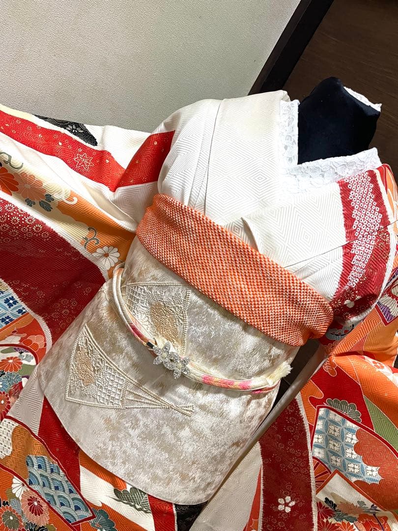 振袖 フルセット6点サイズM〜L正絹　扇面吉花鳥　売り切り終了