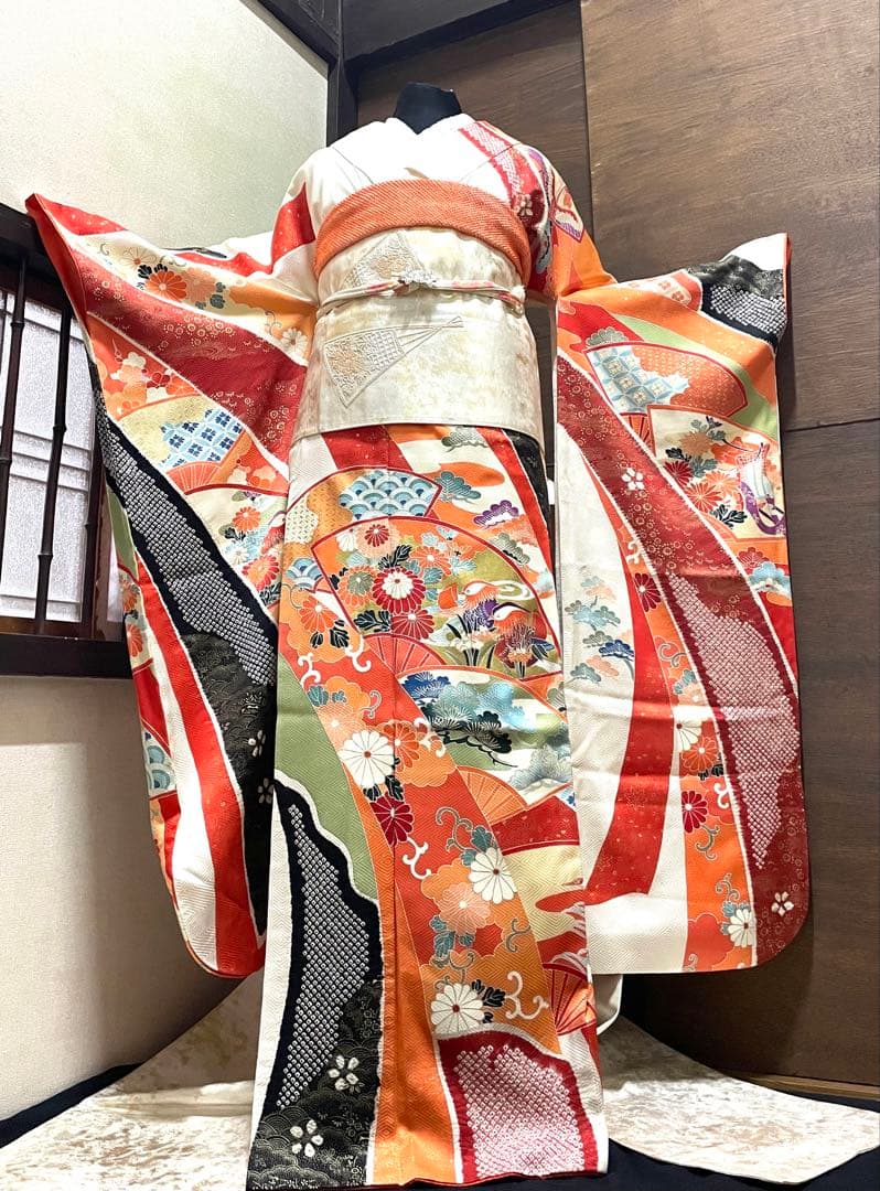 振袖 フルセット6点サイズM〜L正絹　扇面吉花鳥　売り切り終了