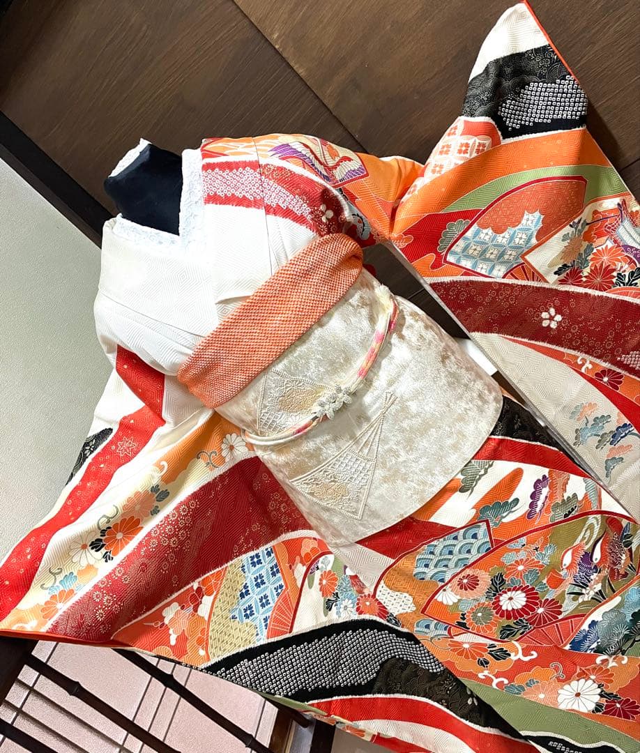 振袖 フルセット6点サイズM〜L正絹　扇面吉花鳥　売り切り終了