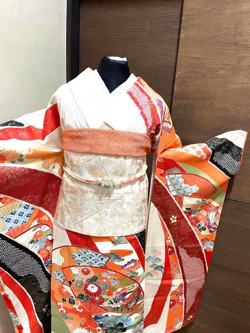 振袖 フルセット6点サイズM〜L正絹　扇面吉花鳥　売り切り終了