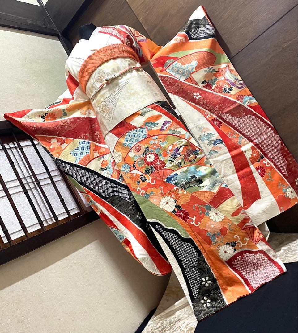 振袖 フルセット6点サイズM〜L正絹　扇面吉花鳥　売り切り終了