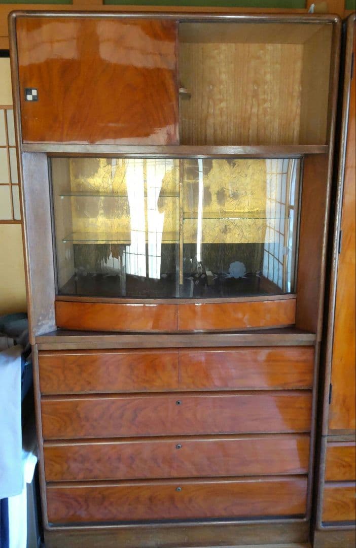 昭和レトロ バラ柄 ガラス戸収納タンス 飾り箪笥 和簞笥 時代家具 婚礼箪笥