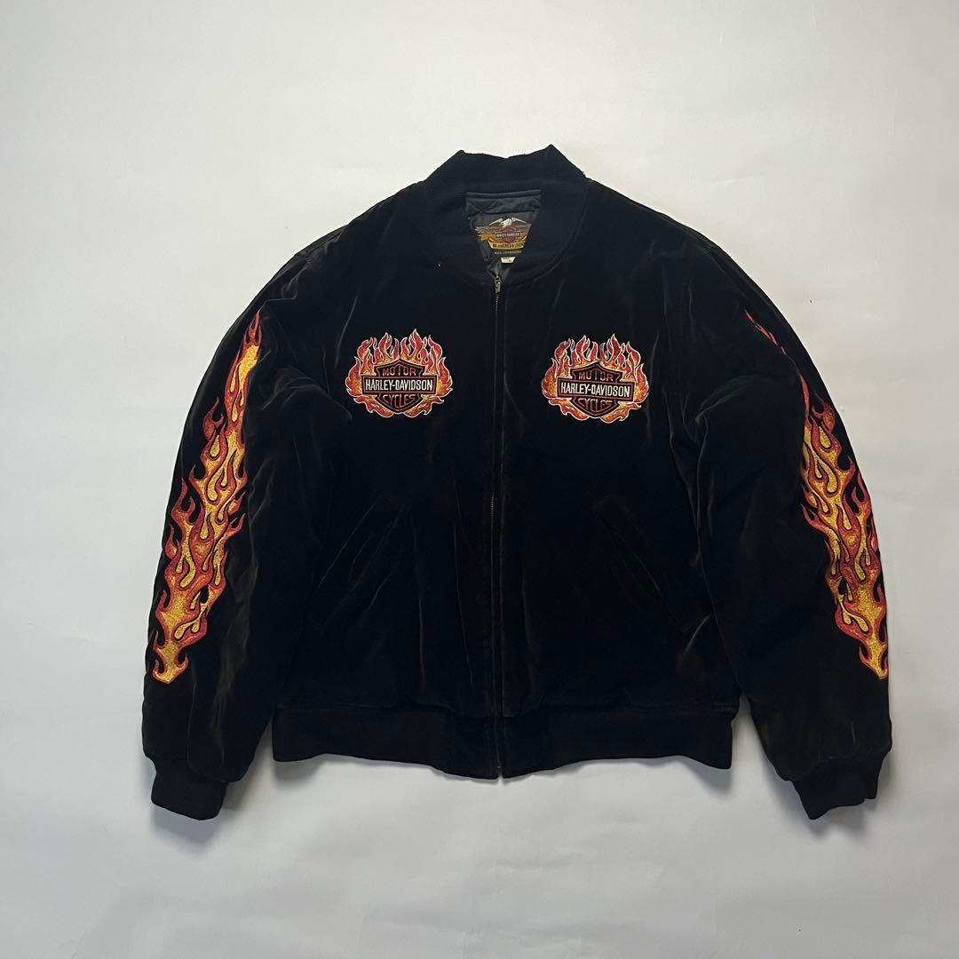 ハーレーダビッドソン スカジャン 別珍 ブラック 黒 刺繍 L ファイヤー