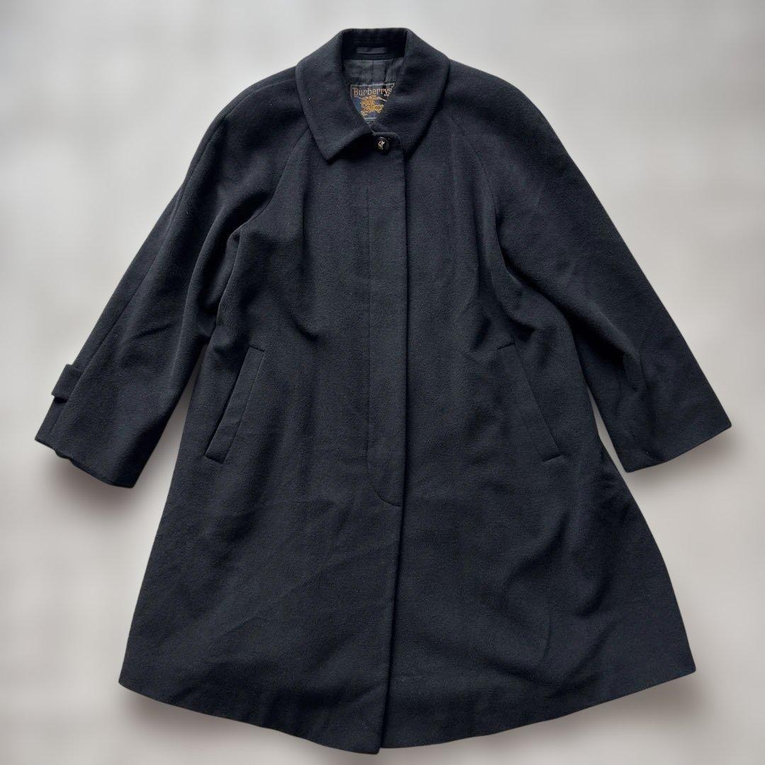 バーバリーズ【ホースロゴ金B】 ステンカラーＬ　黒　膝下丈　裏ロゴ総柄　アンゴラ