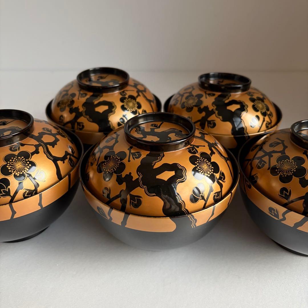 木製漆器　金蒔絵吸物椀五客　お椀　蓋付き椀　雑煮椀　お雑煮椀