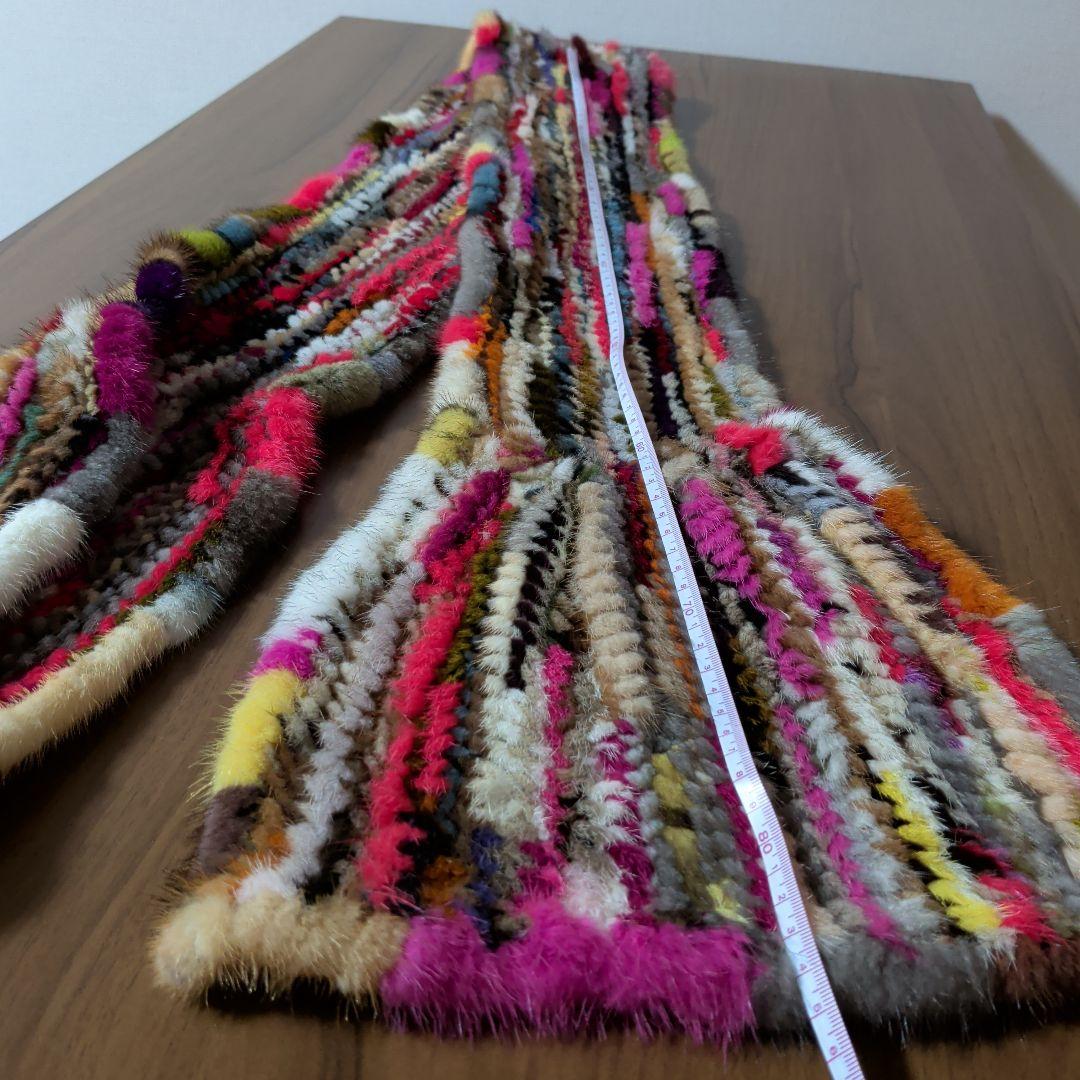 マフラー　ミンク　毛皮　リアルファー　編み込み　リボン　カラフル