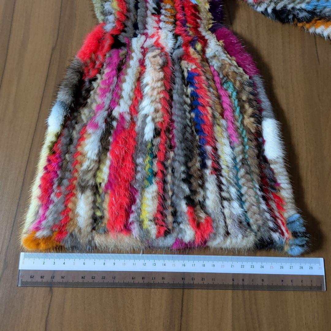 マフラー　ミンク　毛皮　リアルファー　編み込み　リボン　カラフル