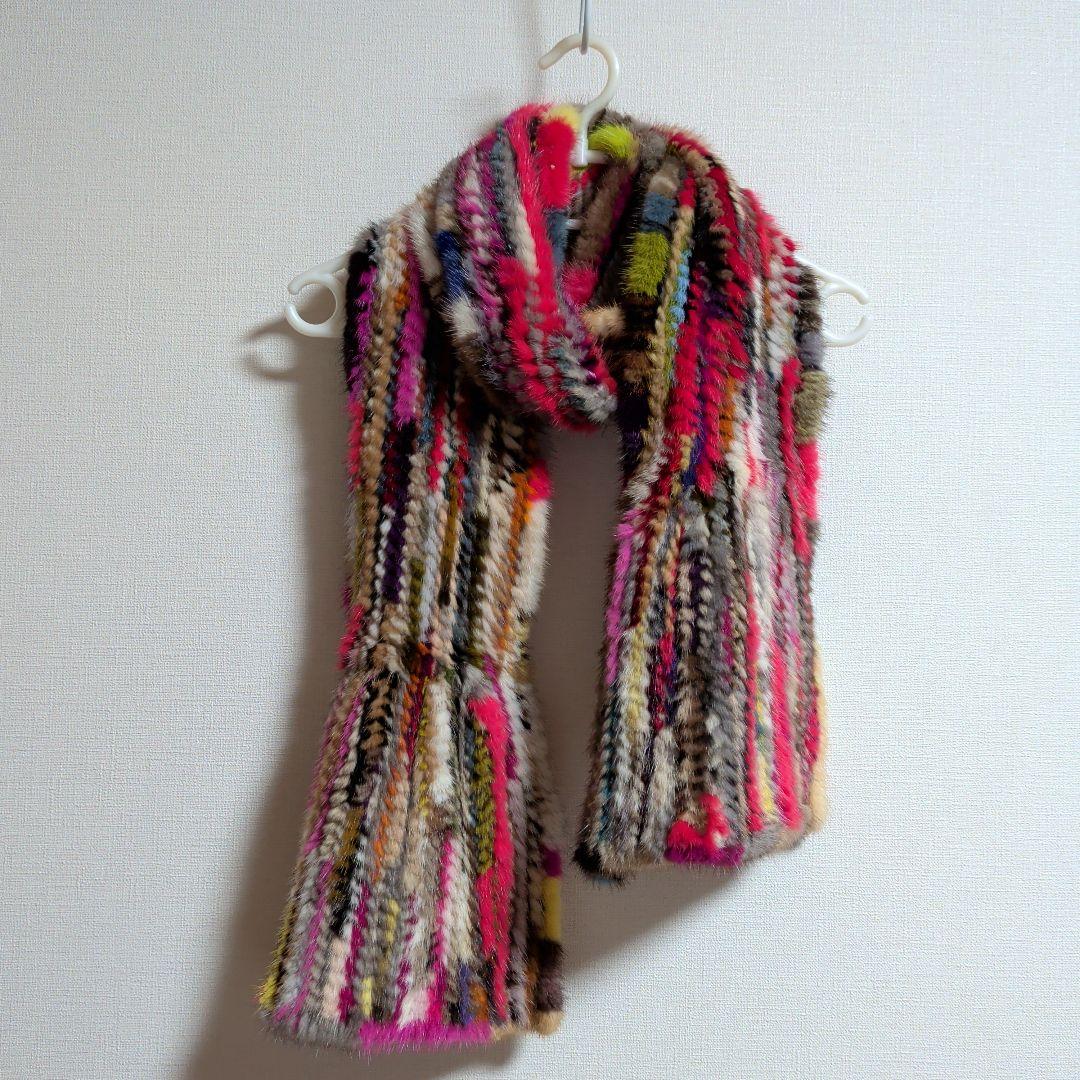 マフラー　ミンク　毛皮　リアルファー　編み込み　リボン　カラフル