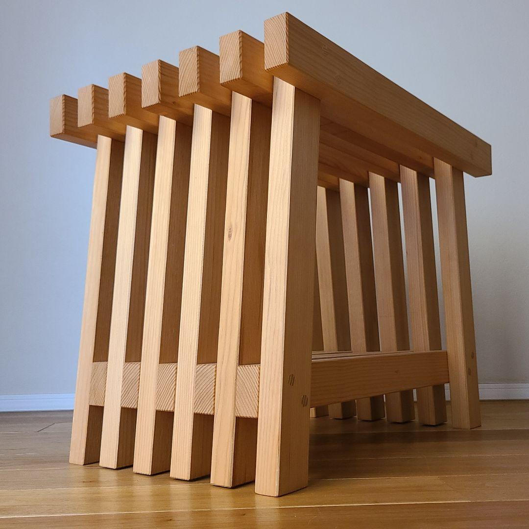 木製スラットデザインテーブル　格子　日本製　職人　サイドテーブル　花台　スツール