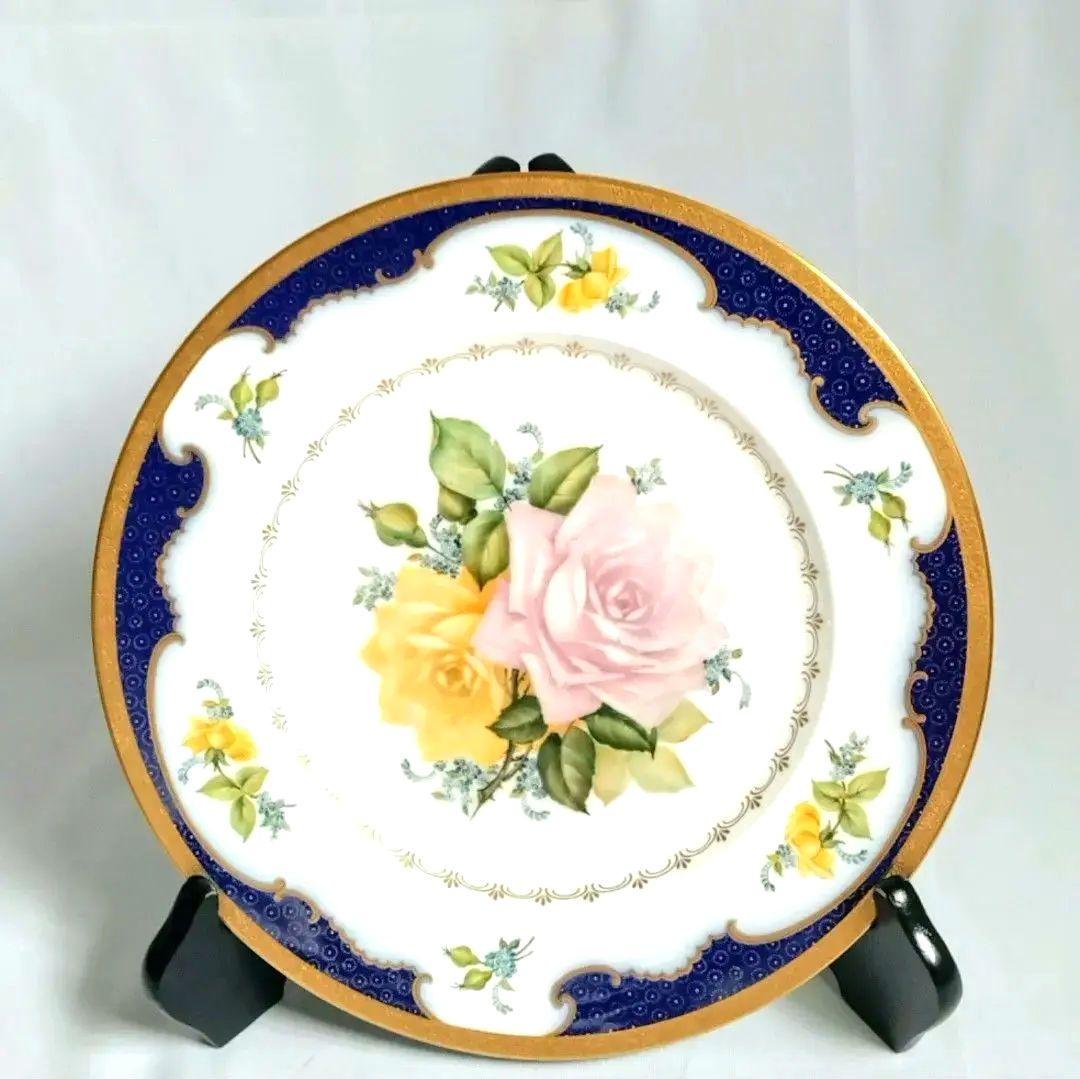 ☆美品手描き☆大倉陶園 ばらルリ金彩飾り皿 67h/9466(青)