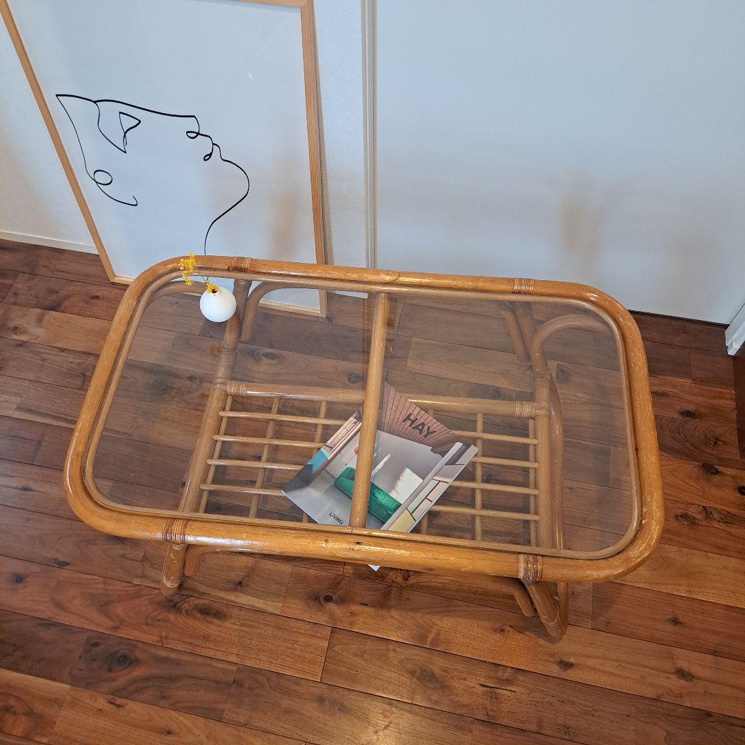 ナチュラル天然素材　ガラス天板×籐ラタンフレーム センターテーブル 籐家具