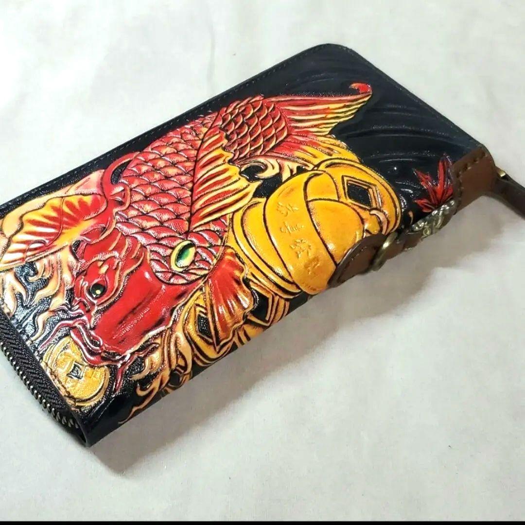 錦鯉 イタリアン 本革 長財布 レザー ウォレット 牛ヌメ革 ラウンドファスナー