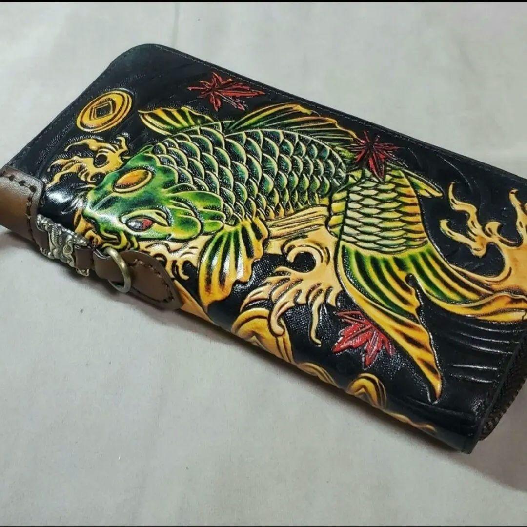 錦鯉 イタリアン 本革 長財布 レザー ウォレット 牛ヌメ革 ラウンドファスナー