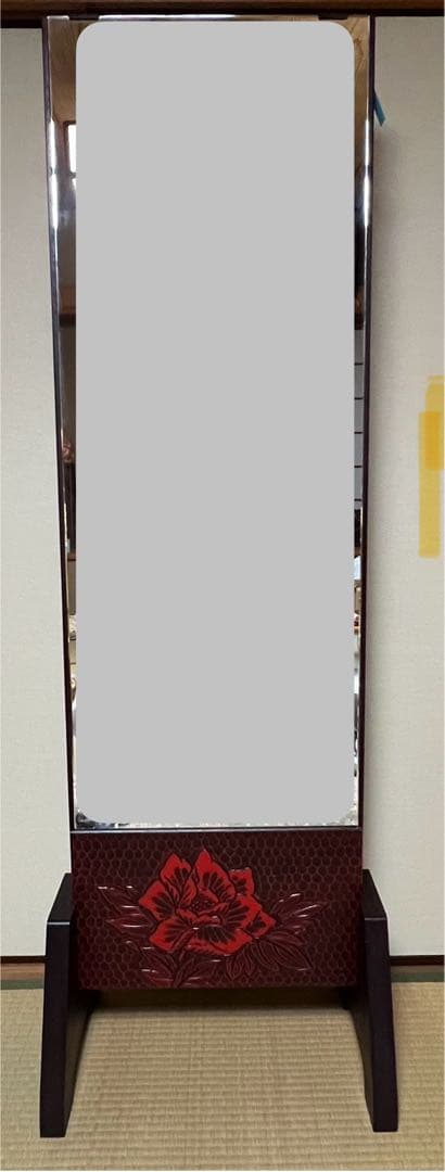 姿見/スタンドミラー　鎌倉彫　牡丹の彫り物 日本板硝子製ガラス　162cm高