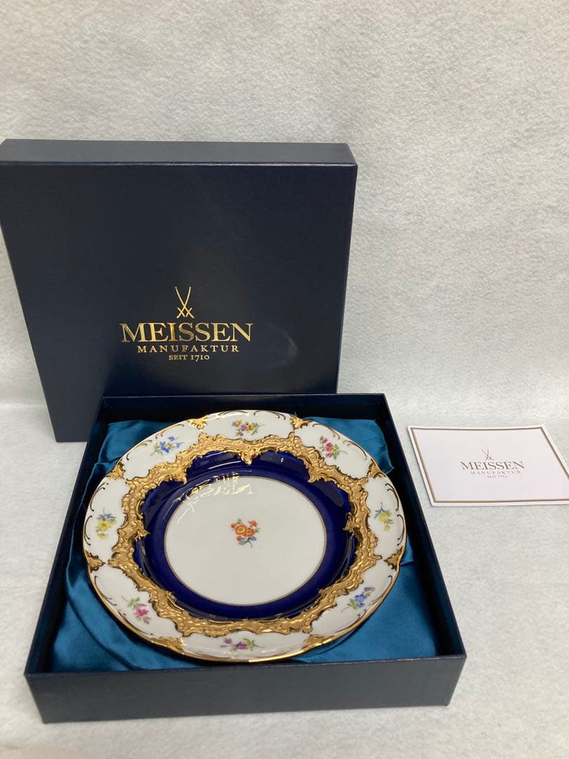 【新品未使用】Meissen 金彩×花柄 コバルト装飾皿2枚