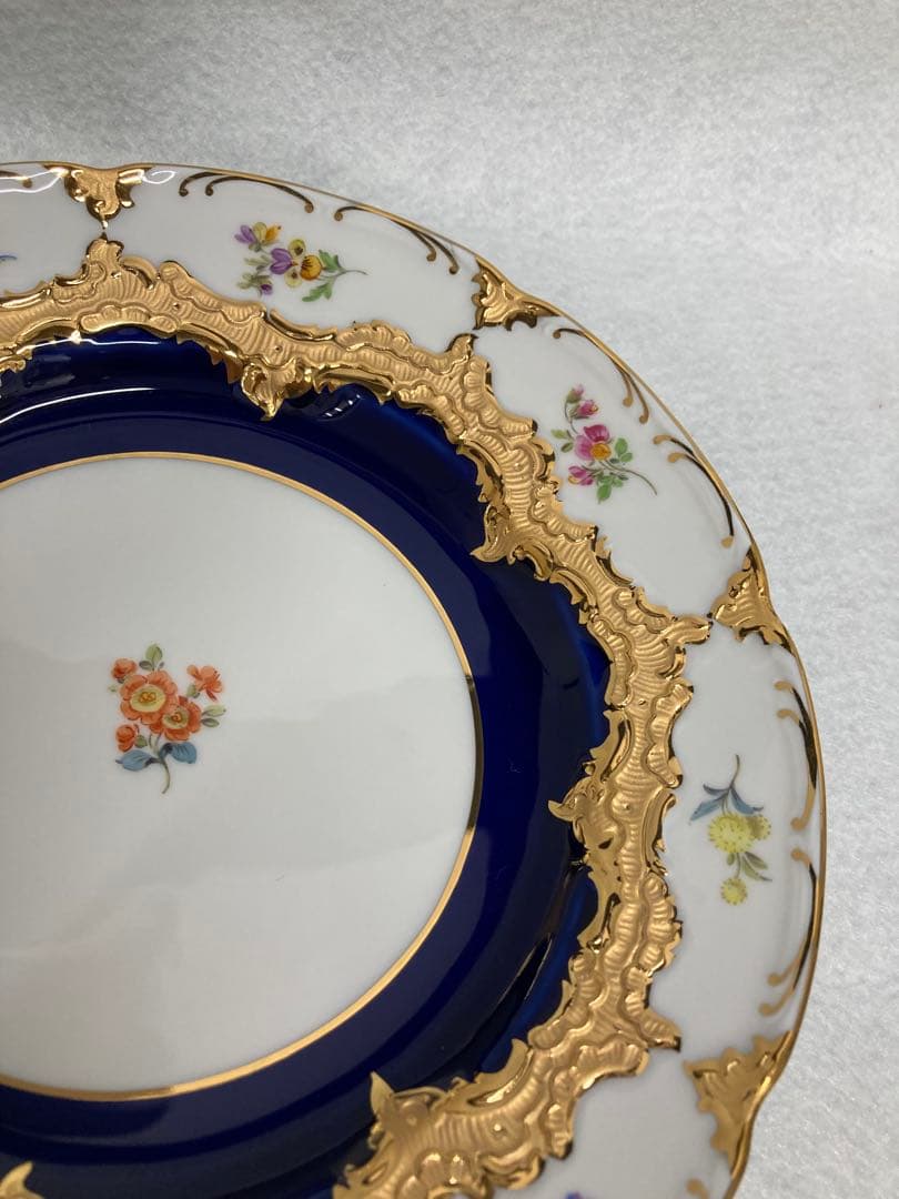 【新品未使用】Meissen 金彩×花柄 コバルト装飾皿2枚