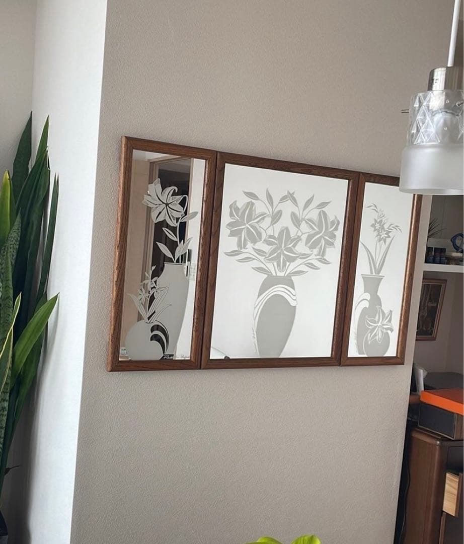 木製フレームミラー3連(フラワーモチーフ)