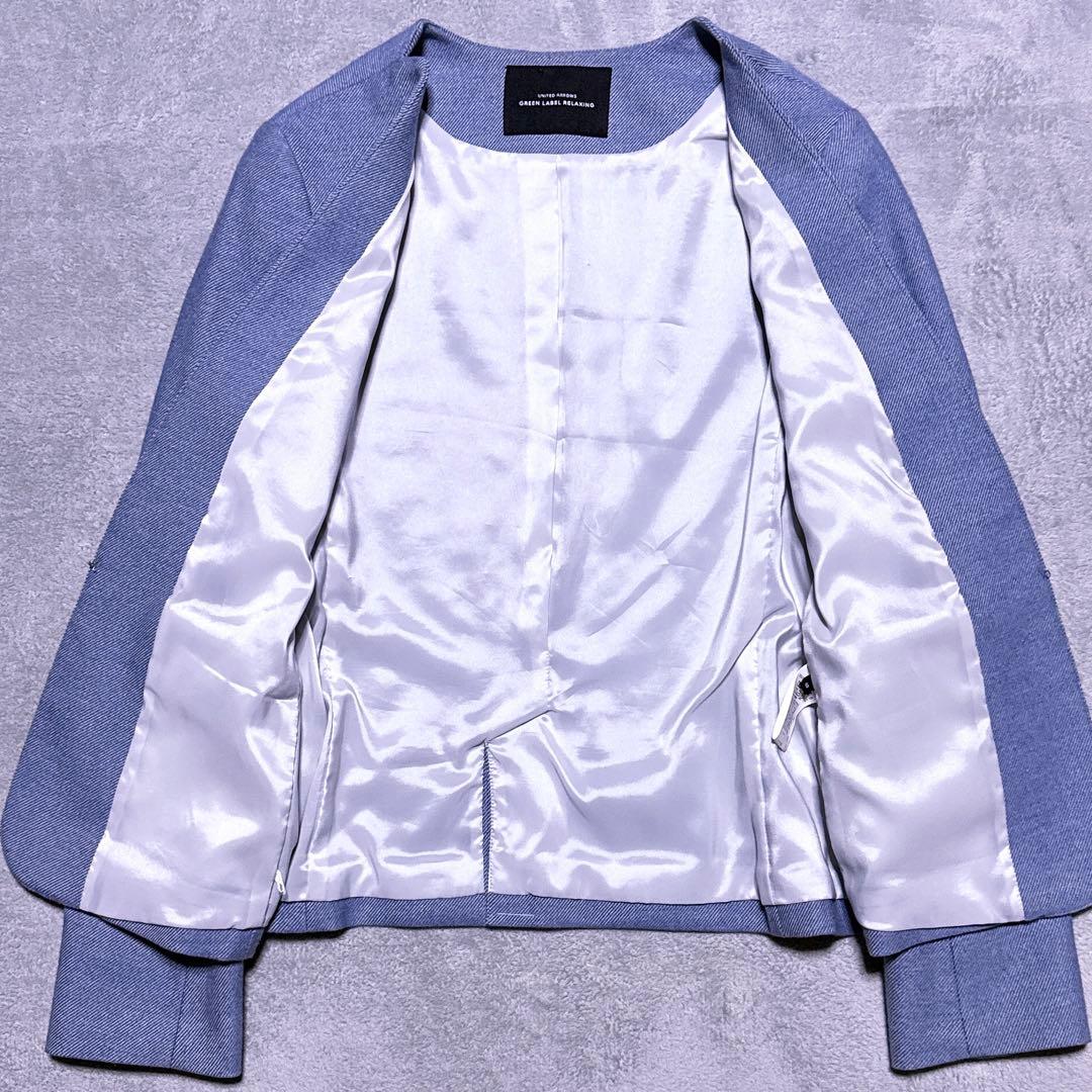 【美品】グリーンレーベルリラクシング パンツスーツ ノーカラージャケット L 青