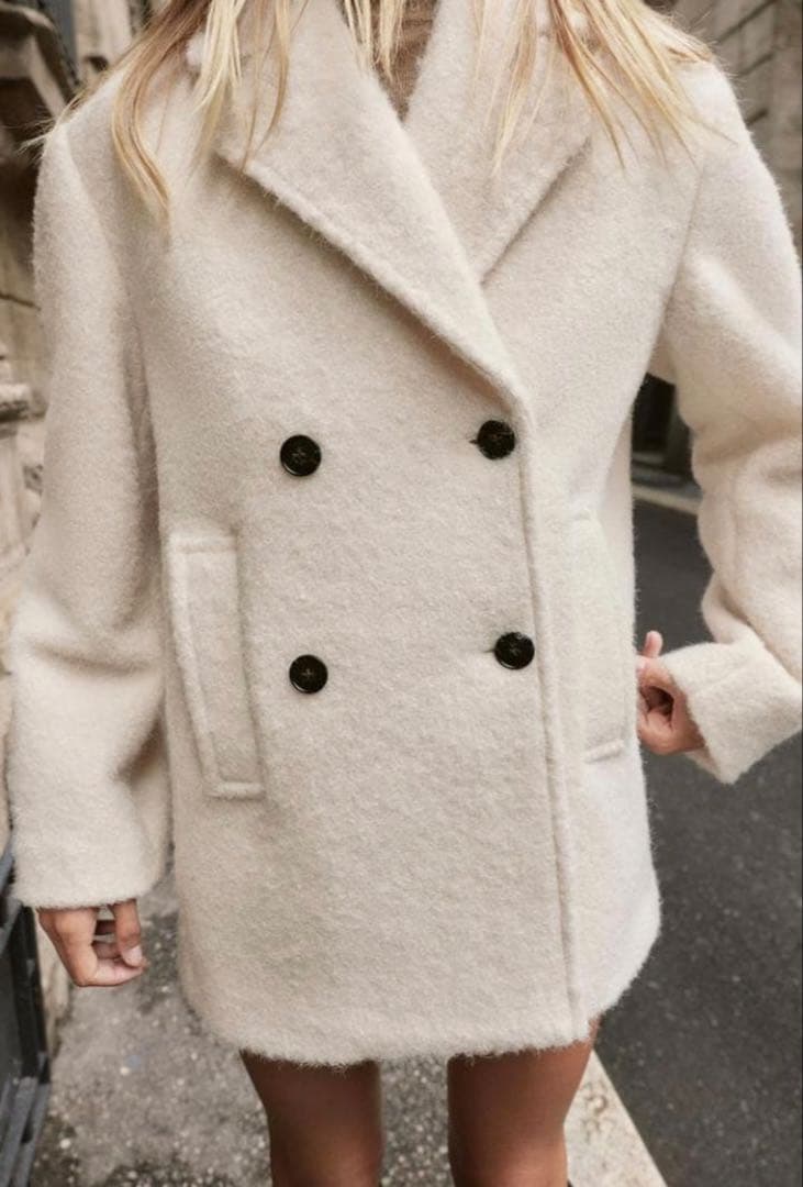ZARA ブレークダブルブレスト ミディ丈 コートXS ホワイト