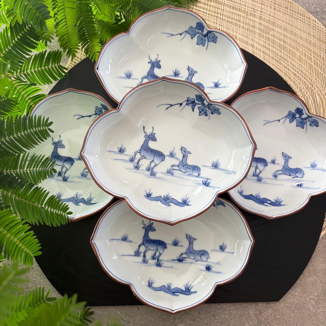 手描き　鹿　染付浅鉢 5つ　洸琳窯　鹿絵木甲浅鉢　しか絵　作家　変形　花型　食器