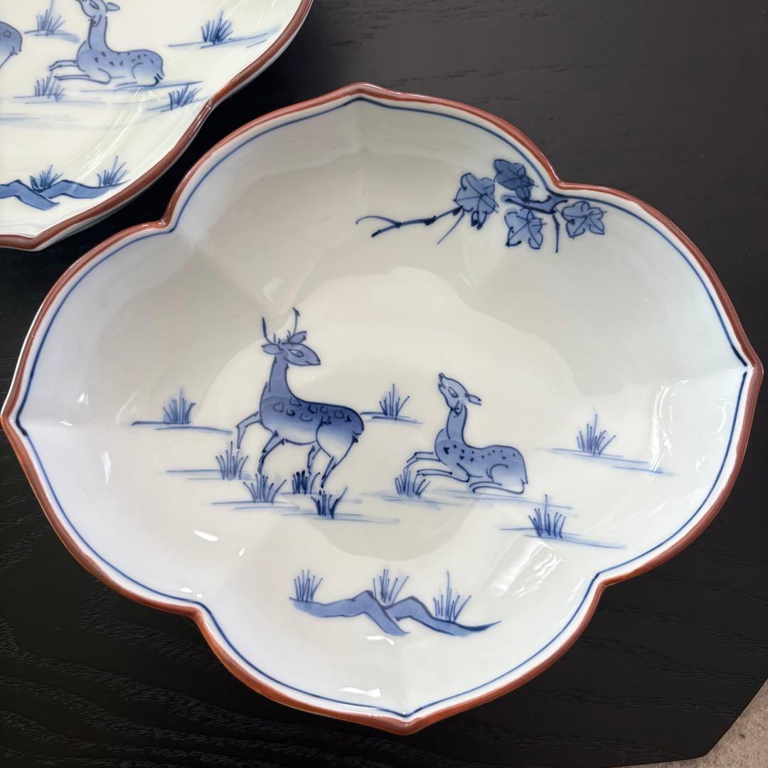 手描き　鹿　染付浅鉢 5つ　洸琳窯　鹿絵木甲浅鉢　しか絵　作家　変形　花型　食器