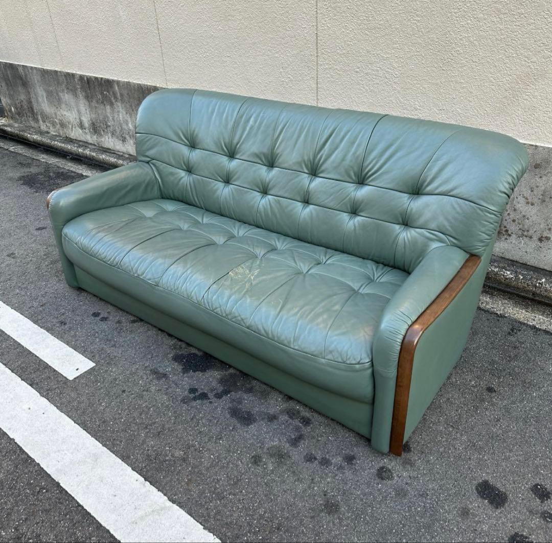 カリモク 本革　2P ラブソファ モスグリーン