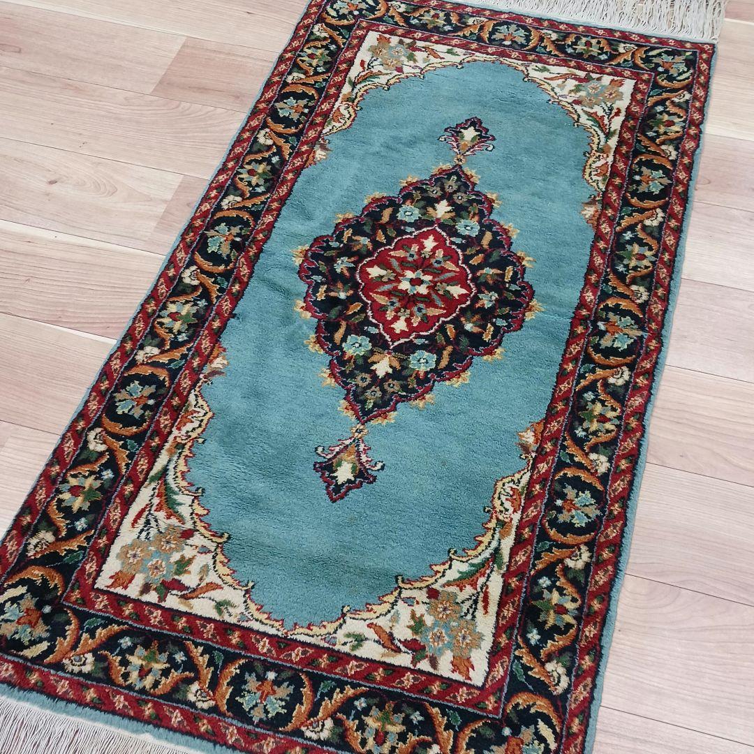 Y3318 インド カシミールウール 手織り絨毯 オールド 129×69㎝