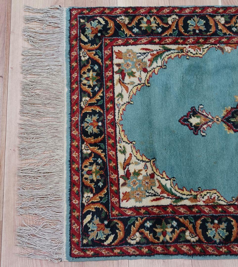 Y3318 インド カシミールウール 手織り絨毯 オールド 129×69㎝